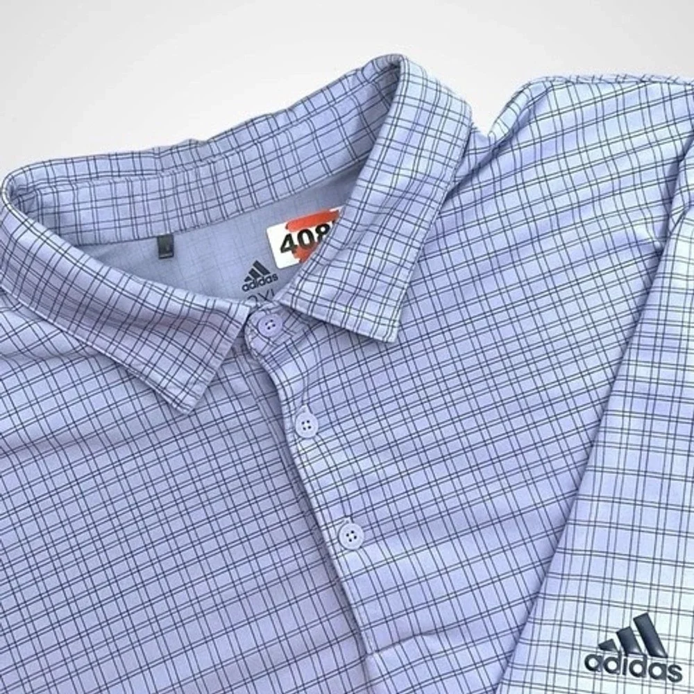 NWOT Adidas Primegreen Blue Grid Plaid Short‎ Sleeve Polo Shirt Men 2XL China